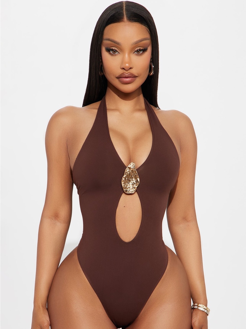 Fashion Nova So Shucking Cute Double Lined Halter Bodysuit - Chocolate